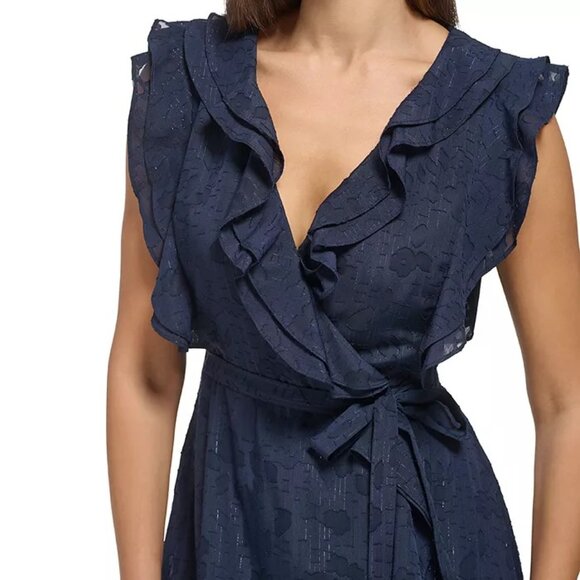 Dkny Women's Flutter-Sleeve Ruffle-Front Tie-Waist Gown - Spring Navy - Picture 2 of 3